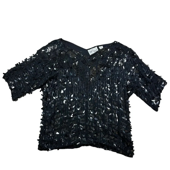 Vintage Lilli Diamond Black Sequin V Neck Silk Blouse Short Sleeve Size Medium - Picture 1 of 8